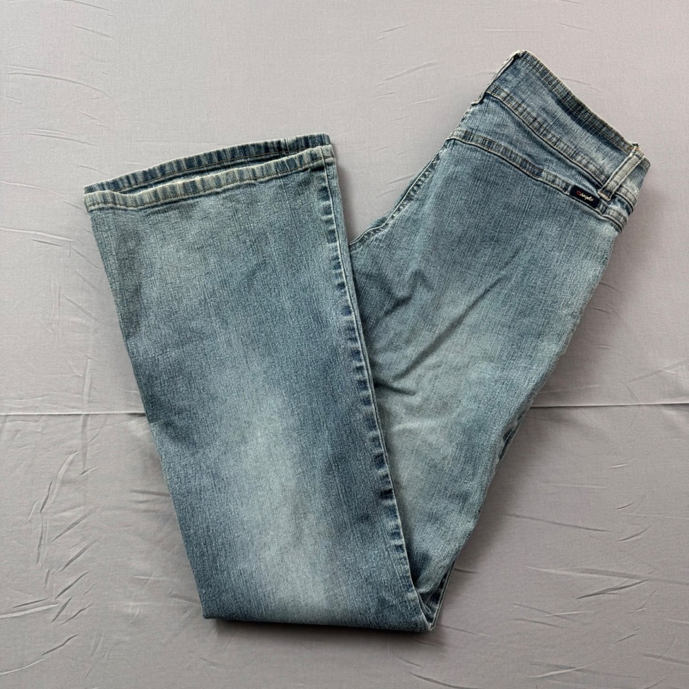 Angels Flare Jeans Light Wash Low Rise Y2K Double Button Front Patch Pockets